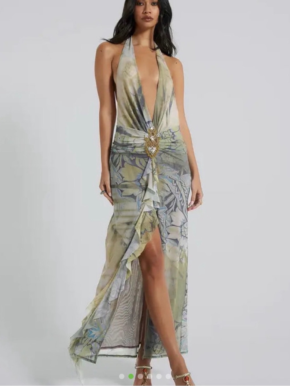 Jaded London Cindy Plunge Sage and Blue Floral Halter Ruffle Maxi Dress - Picture 2 of 7